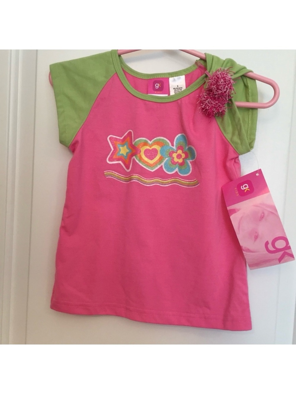 GK GIRLS NEW TOP TEE SHORT SLEEVE PINK GREEN Size 5 NWT PONY HOLDER HAIR TIE